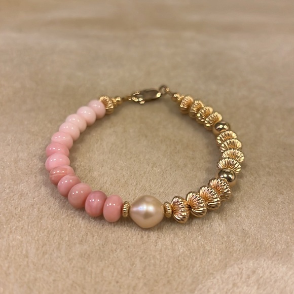 Pink Opal Baroque Pearl 14k Gold Filled Gemstone Handmade Bracelet - Picture 5 of 7